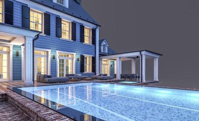 3d rendering of modern cozy classic house in colonial style with garage and pool for sale or rent in night. Isolated on black.