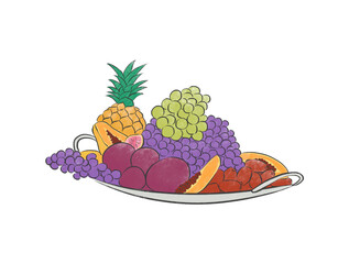 Illustration of Fresh Fruit Platter. Made with grapes, papaya, dates, figs, pineapple.
