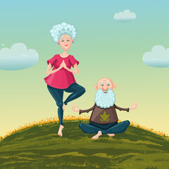 Adult couple is making exercise on the nature. Yoga for old people. Healthy lifestyle cartoon illustration. Vector art.