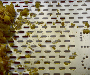 Drop of bee honey drip from hexagonal honeycombs