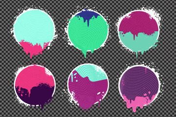 Paint spots. Graffiti style borders set on isolated background. Grunge vector backdrop with spray splashes.