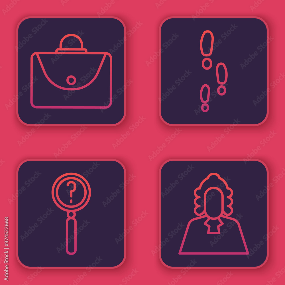 Poster set line briefcase, magnifying glass with search, footsteps and judge. blue square button. vector.
