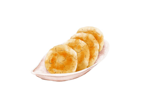Watercolor Illustration of Chinese dessert - Hazelnut shortbread in a boat-shaped plate

