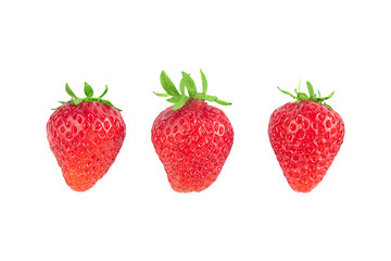 Three strawberry berries in a row on a white background