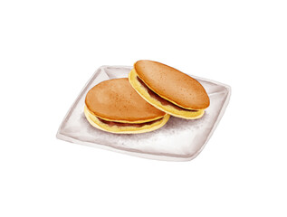 Watercolor Illustration of A classic Japanese confection Dorayaki, made of honey pancake sandwich with sweet red bean filling. It is Doraemon's favorite food.
