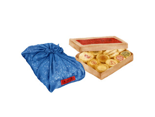Watercolor Illustration of Chinese Snack - boxes of cookies and pastries wrapped in indigo prints. 

