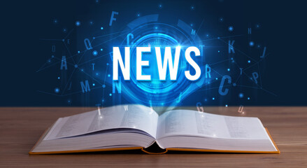 NEWS inscription coming out from an open book, digital technology concept
