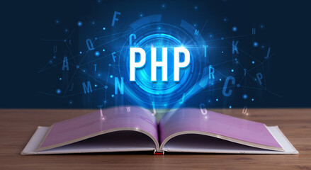 PHP inscription coming out from an open book, digital technology concept