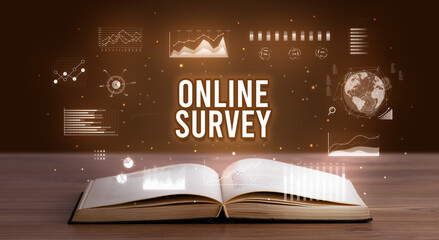 ONLINE SURVEY inscription coming out from an open book, creative business concept