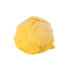 A ball of creamy fruit ice cream yellow on a white background