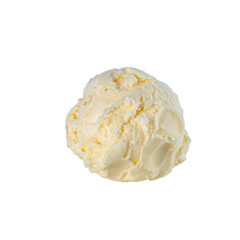 A ball of creamy fruit ice cream yellow on a white background