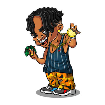 Guy With Dreadlock Wearing Hypebeast Fashion And Show Off His Gold Chain Necklace And Money, Rapper Style Fashion Cartoon Vector