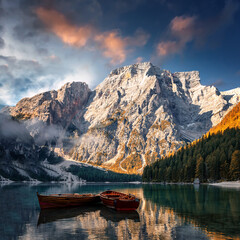 Amazing alpine lake with colorful sky over the majestic mountain during sunrise. Most popular view on Braies lake with wooden boats on calm water. iconic locations for photographers and travelers
