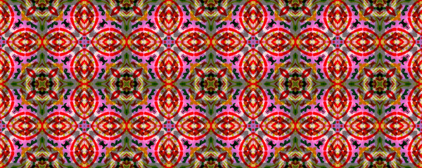 Geometric Painting. Seamless Tie Dye Ornament. Ikat Persian Print. Red, Green, Blue and Brown Seamless Texture. Abstract Batik Print. Ethnic Geometric Hand Painting.