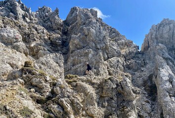 Woman hiking in alps, stones on steep hillside, Bavaria, Germany