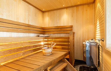Interior design of a sauna with objects and details