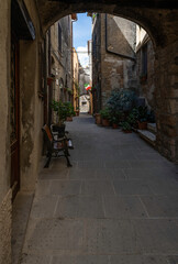 Fototapeta na wymiar Picturesque alley with bicycle, plants and flowers in the small town of Pienza, Tuscany, Italy