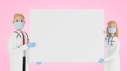 Doctors. Medical specialists man and woman holding blank poster. 3D illustration in cartoon style.