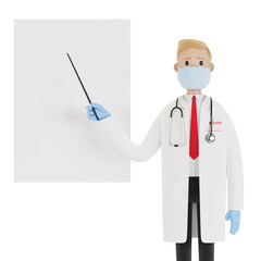 A male doctor stands and points to a presentation board. Vision test. 3D illustration in cartoon style.