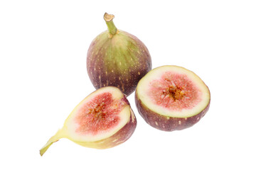 Fresh purple fig fruit and slices with leaf isolated on white background
