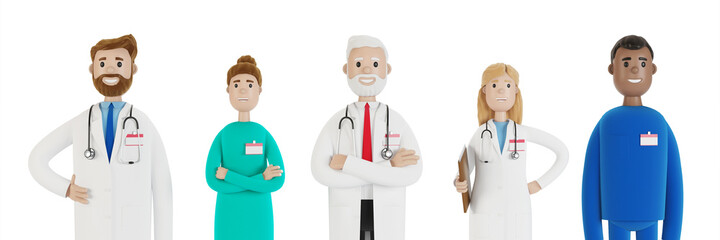 Doctors. A group of medical workers. Chief physician and medical specialists. 3D illustration in cartoon style.