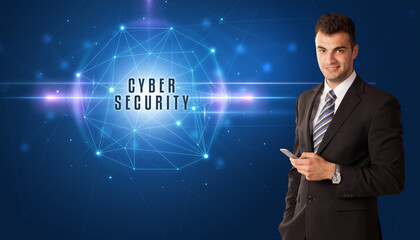 Businessman thinking about security solutions with CYBER SECURITY inscription