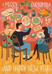 Christmas and Happy New Year illustration of people at christmas table. Festive meal.