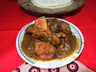 Roti or Ruti with Chicken curry, traditional Bengali lunch
