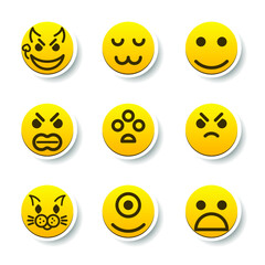 Set Of Yellow Sticker Collection Color Smile Different Emotions Emoticons Face Vector Design Cartoon Style With Shadows