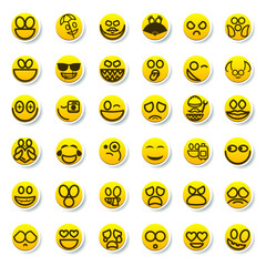 Set Of Yellow Sticker Collection Color Smile Different Emotions Emoticons Face Vector Design Cartoon Style With Shadows