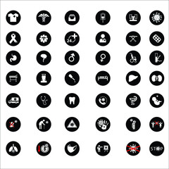 Flat icons set of medical instruments and medical equipment, research and health care. vector solid 