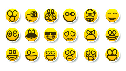Fototapeta premium Set Of Yellow Sticker Collection Color Smile Different Emotions Emoticons Face Vector Design Cartoon Style With Shadows
