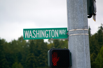 Green Washington Way street sign with do not walk symbol