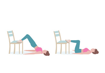 Exercises that can be done at-home using a sturdy chair.
with Hip Thrust posture. Isolated vector illustration in cartoon style.
