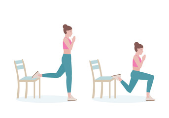 Woman doing exercises. Woman in pink shirt and a blue Long legs. 
Exercises that can be done at-home using a sturdy chair with Lunge posture. vector illustration in cartoon style.
