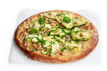 Vegetarian pizza with zucchini and pine nuts isolated on white