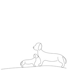 Cute dog and puppy animal line drawing, vector illustration