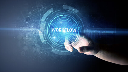 Hand touching WORKFLOW button, modern business technology concept