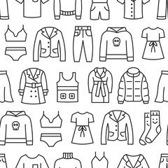 Woman clothing line icon seamless pattern. Dress, skirt, blazer, jacket, jeans, pants, sweater flat signs. Vector background.