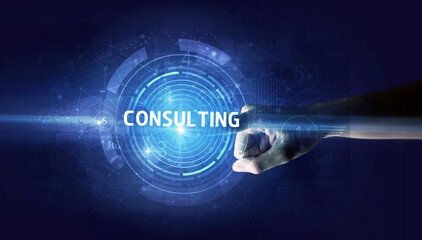 Hand touching CONSULTING button, modern business technology concept