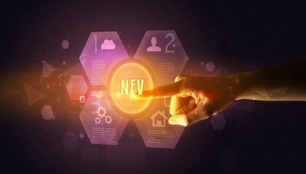 Hand touching NFV inscription, new technology concept