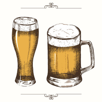 Hand-drawn beer isolated on white. Trendy element for fast food menu. Hand made lettring. Vector object. Sketch, engraving. Beer festival