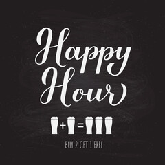 Happy Hour calligraphy hand lettering on chalkboard background. Special offer promotion banner. Easy to edit vector template for advertising poster, sign, flyer, etc.