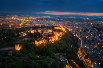 Granada Alhambra aerial view at night
