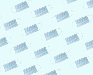 Surgical face masks for preventing allergy, pollution, dust, mold, flu, cold, germ, bacteria and coronavirus (COVID-19) spread - close up, isolated objects on a blue template background