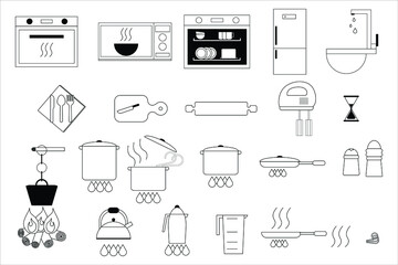 Simple flat kitchen related item, the most common kitchen item you use everyday. Contains Icons such as Frying Pan, Boiling Coffee and Tea Kettle, Oven, Microwave, Fridge, Sink, Washing Machine. 