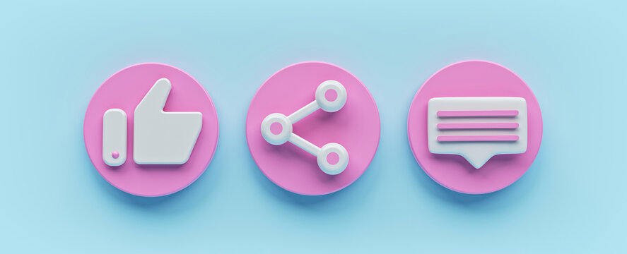 Like, share and comment. Social network signs, icon set. minimal design. 3d rendering