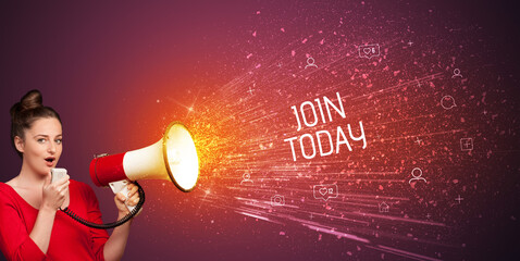 Young woman yelling to loudspeaker with JOIN TODAY inscription, social networking concept