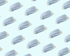 Surgical face masks for preventing allergy, pollution, dust, mold, flu, cold, germ, bacteria and coronavirus (COVID-19) spread - close up, isolated objects on a blue template background