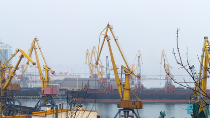 Obraz premium Industrial container freight Trade Port scene in foggy cloudy day